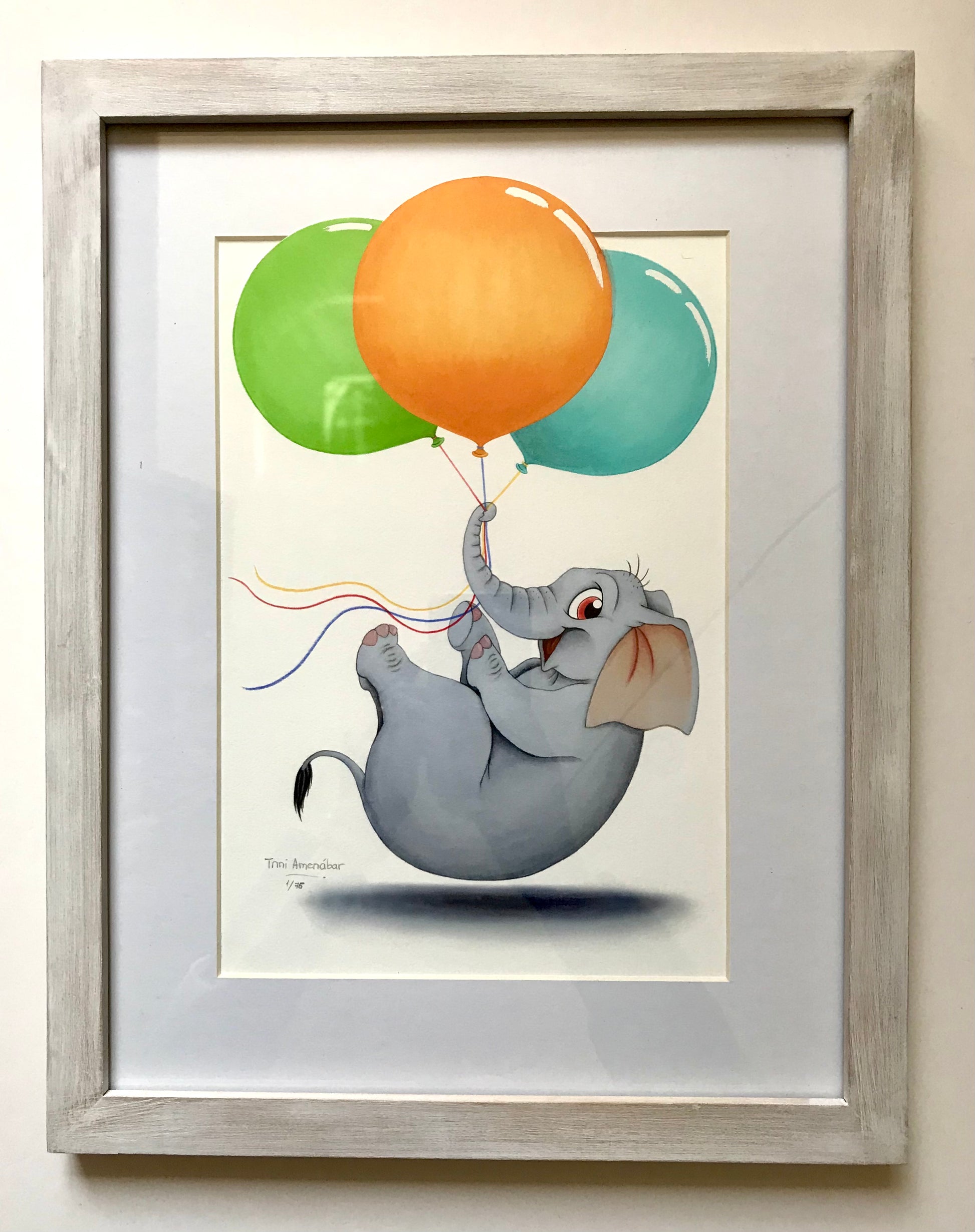 Cuadros y láminas infantiles con nombre - Elefante con globos color teja